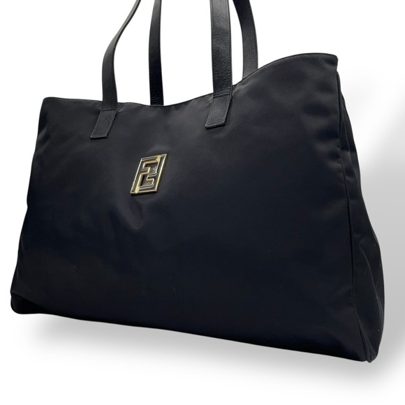 FENDI One-Shoulder Tote Bag with FF Logo, Black Nylon and Leather, Gold Hardw... - Picture 1 of 16
